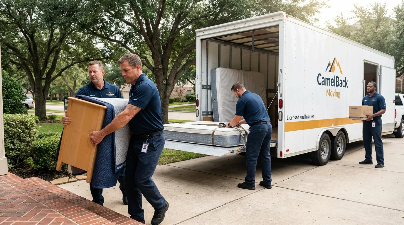 Crew loading residential truck for cross-state move from Middleport, NY
