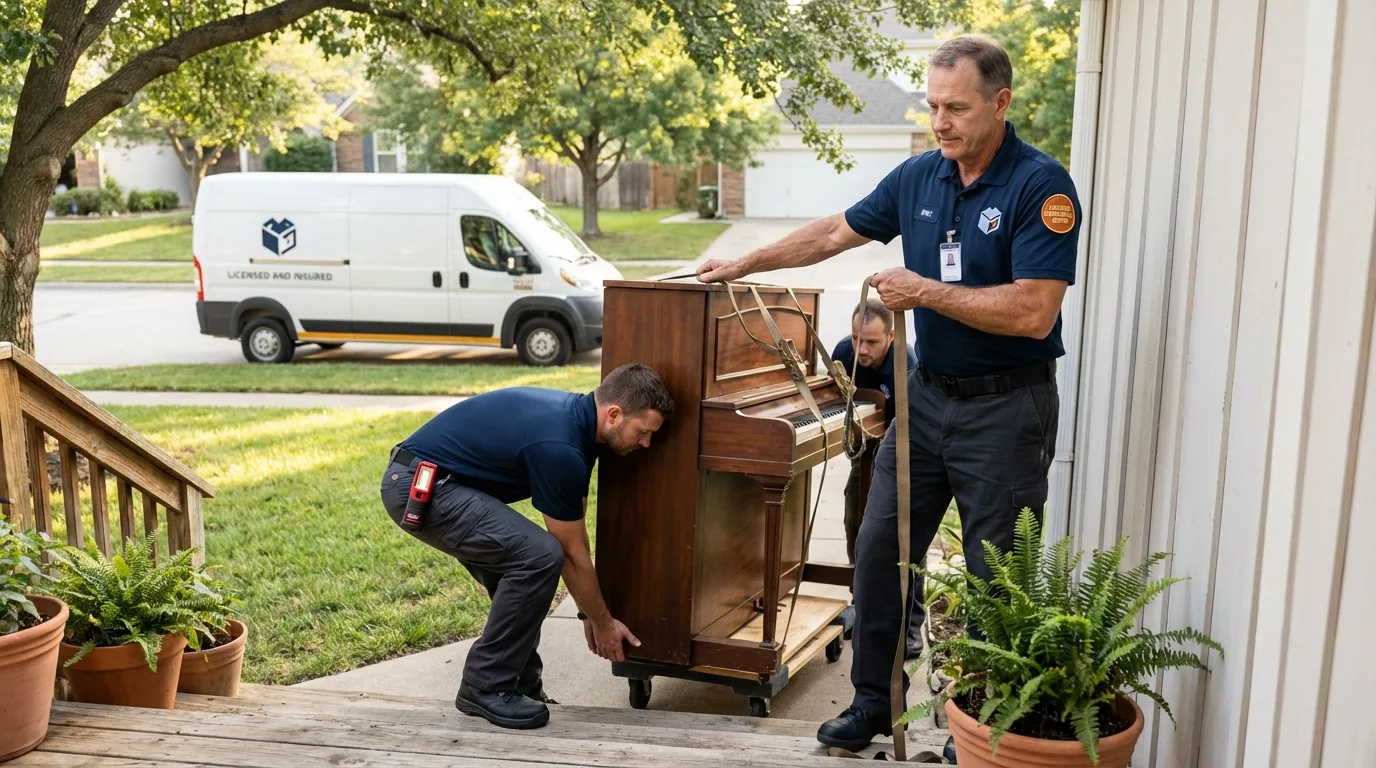 Licensed piano movers securing grand piano in Middleport, NY