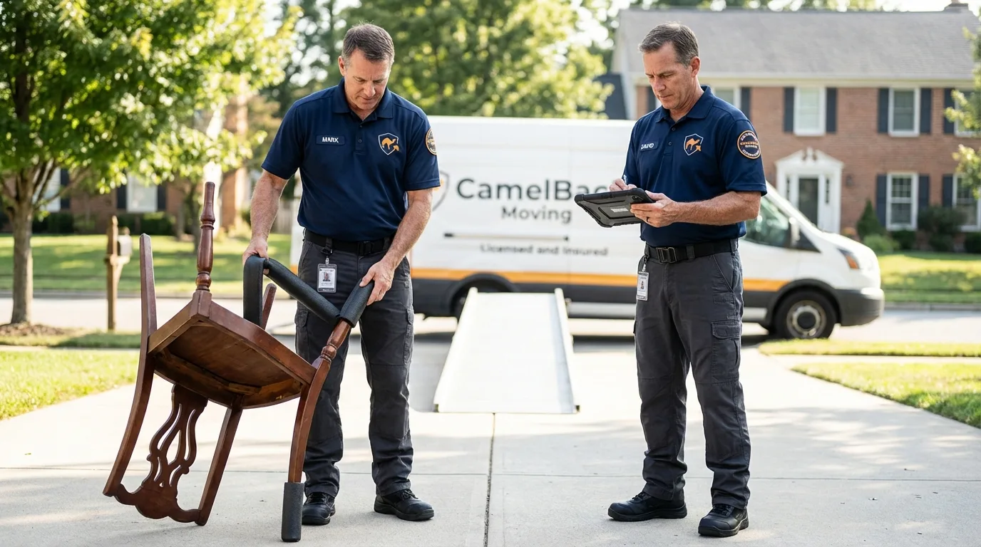 Movers inspecting furniture for damage prevention before loading in Middleport, NY