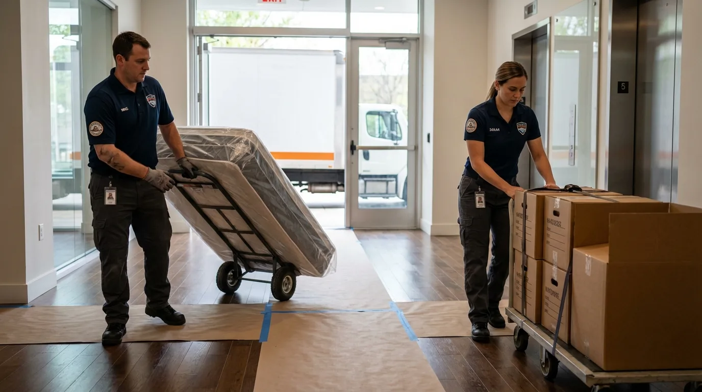 Professional apartment movers loading elevator in Middleport, NY