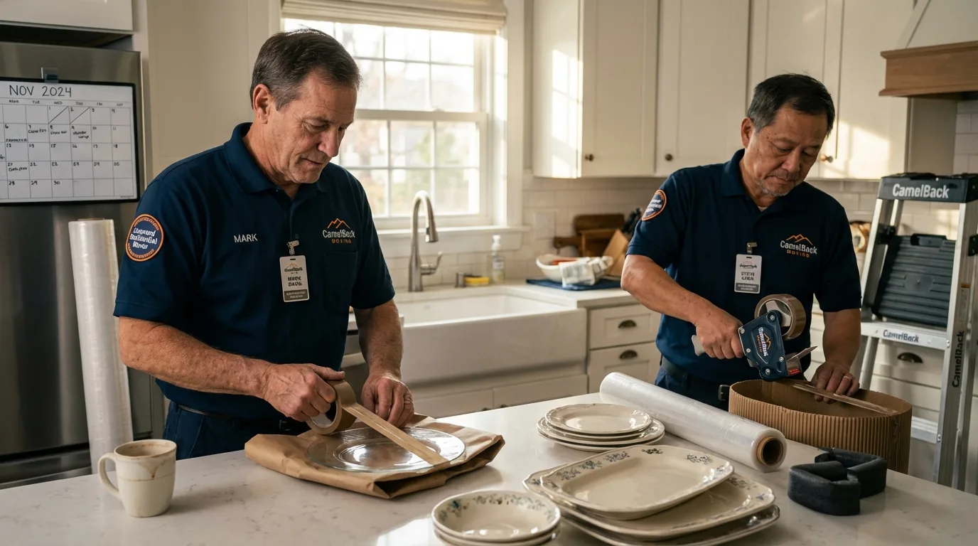 Professional crew packing kitchen dishware in Middleport, NY